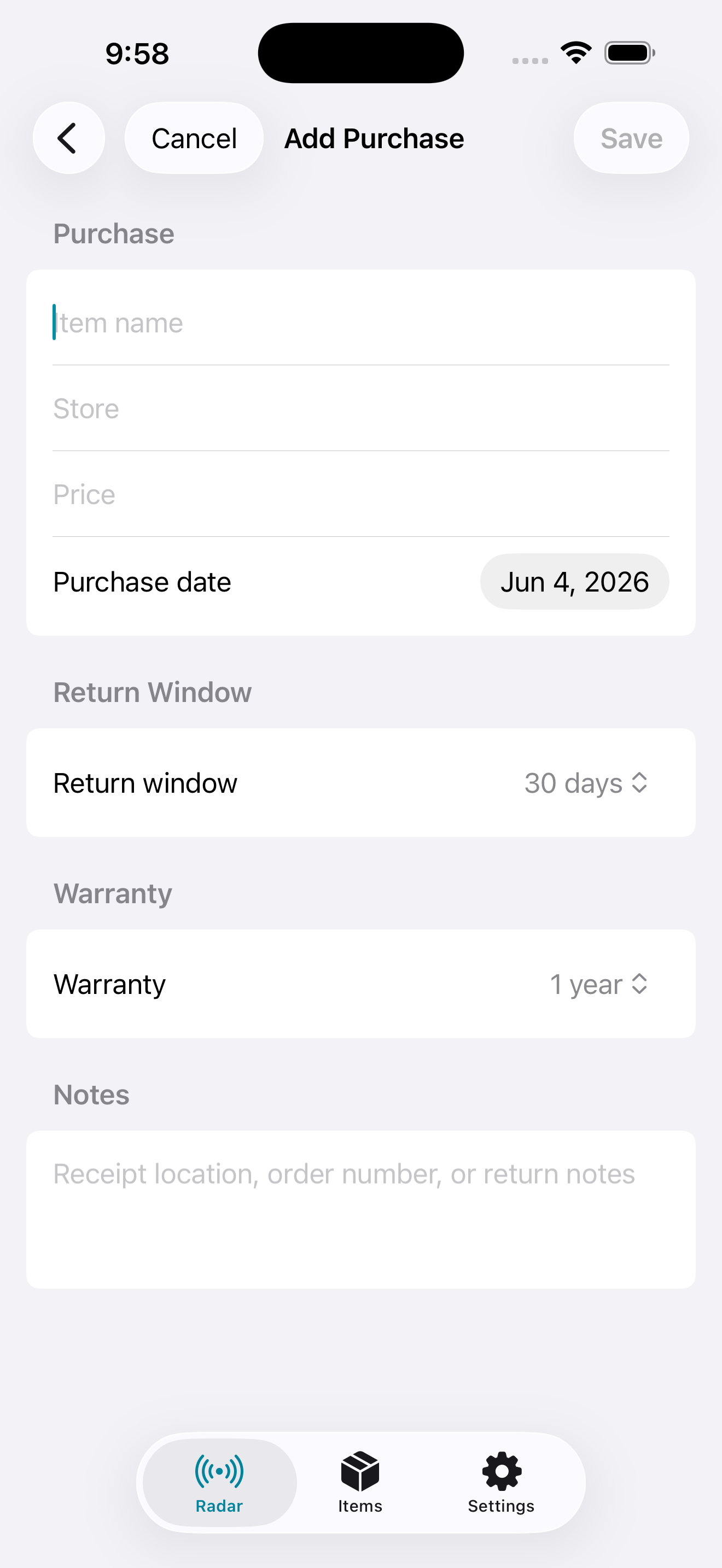 ReturnRadar add purchase form with return window and warranty fields